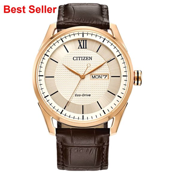 Men's Eco-Drive Watch with Rose Gold-Tone Stainless Steel and Leather Band